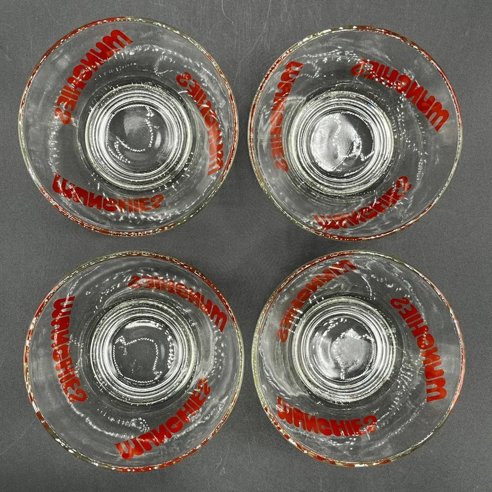 Vtg Munchies Glass Snack Bowl Set 1970s Red Graphic Large Serving 4 Small Bowls
